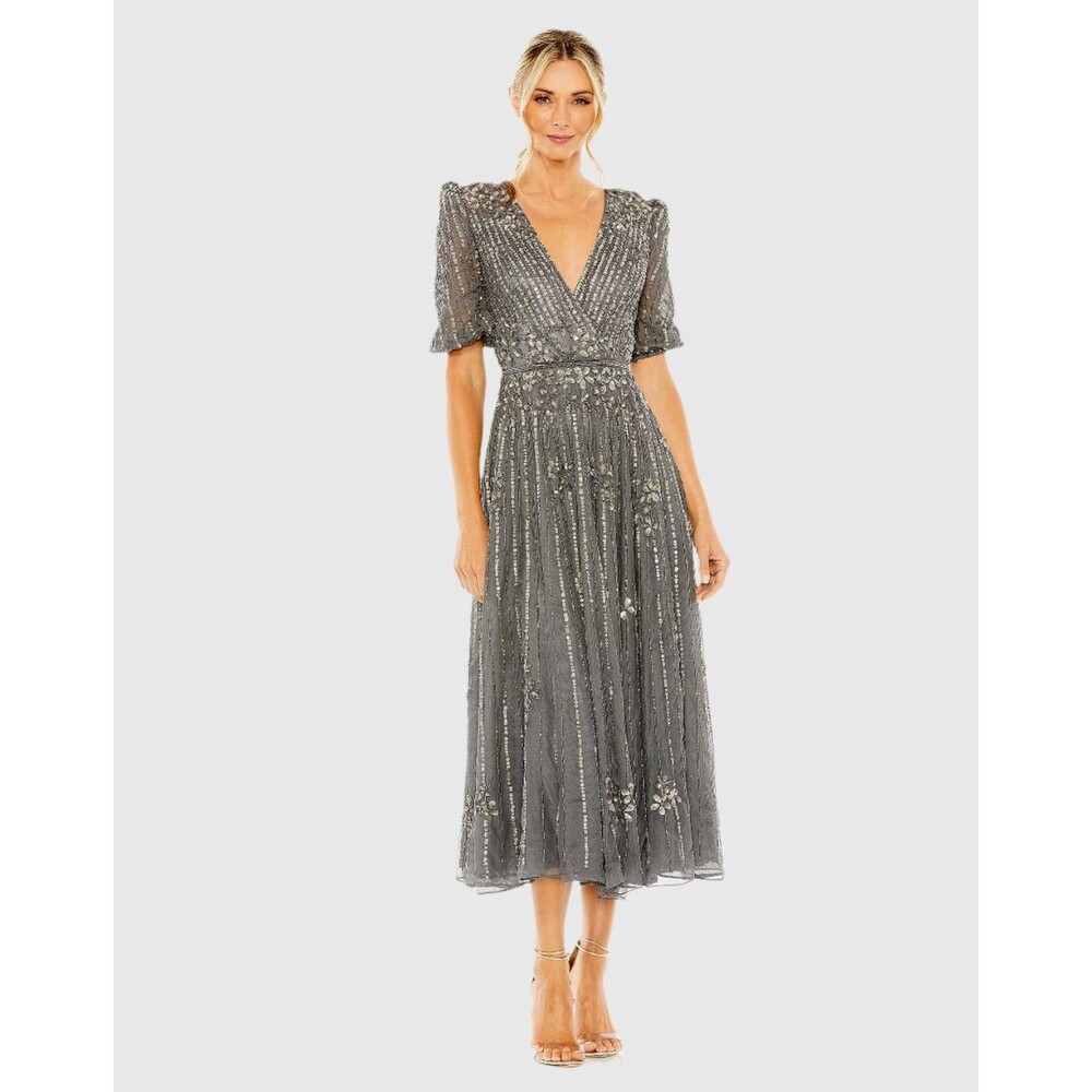 Mac Duggal 5995 Gray Puff Quarter Length Sleeve V-Neck Dress Size 4